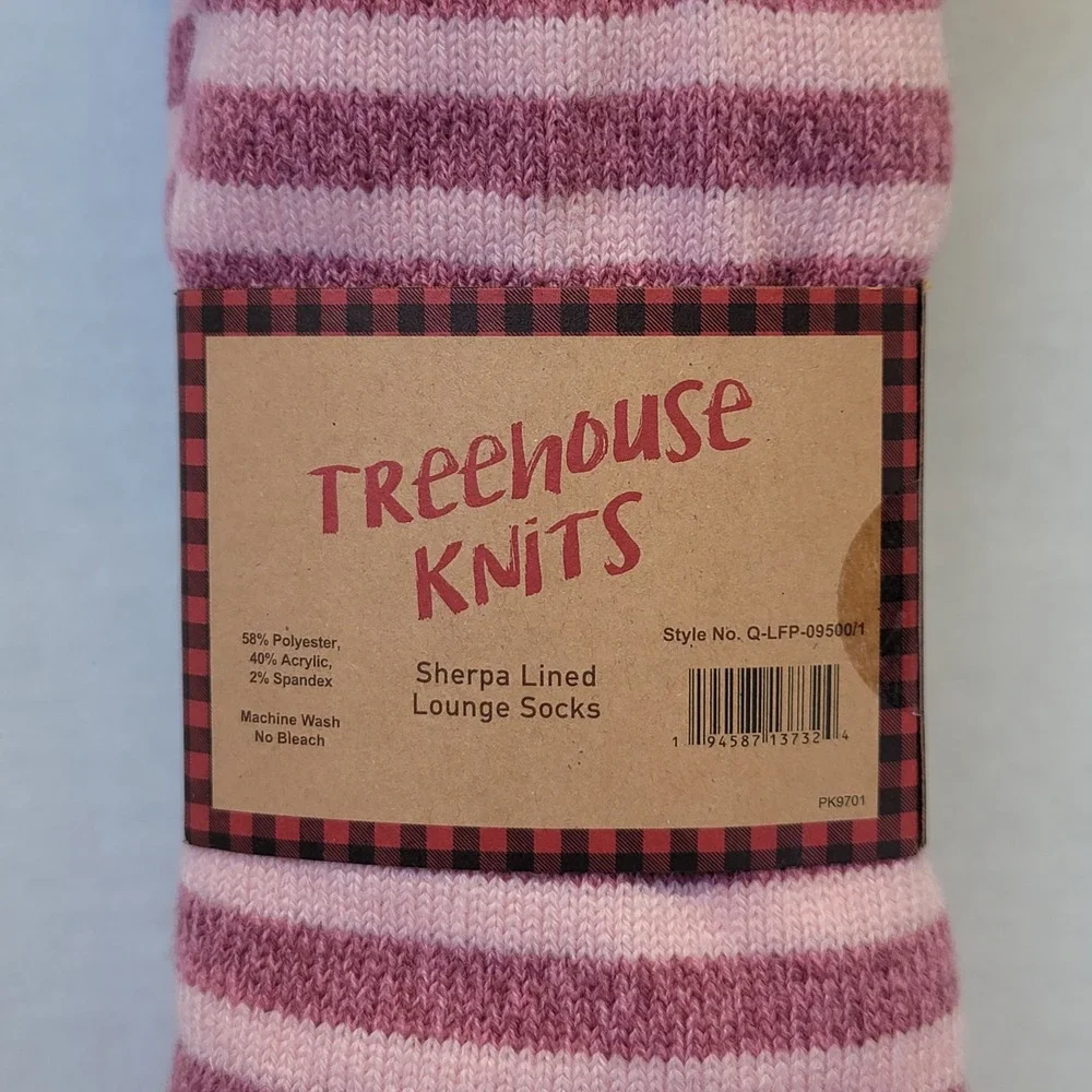 Treehouse Knits Women's Sherpa Lined Lounge Socks Pink Stripe Fox Size 9-11
